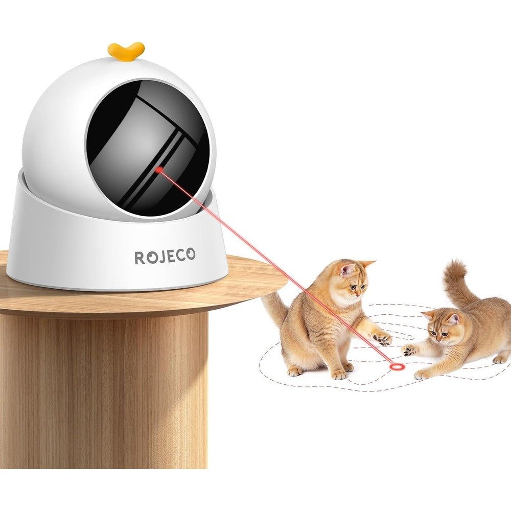 Rojeco automatic laser cat toy front view showcasing the white sphere head and compact magnetic base.