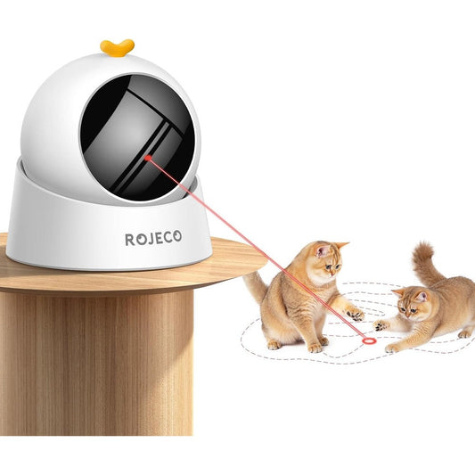 Rojeco automatic laser cat toy front view showcasing the white sphere head and compact magnetic base.