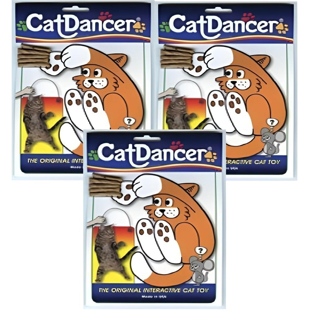 Cat Dancer original interactive cat toy pack of three front view displaying spring steel wire and rolled cardboard wands