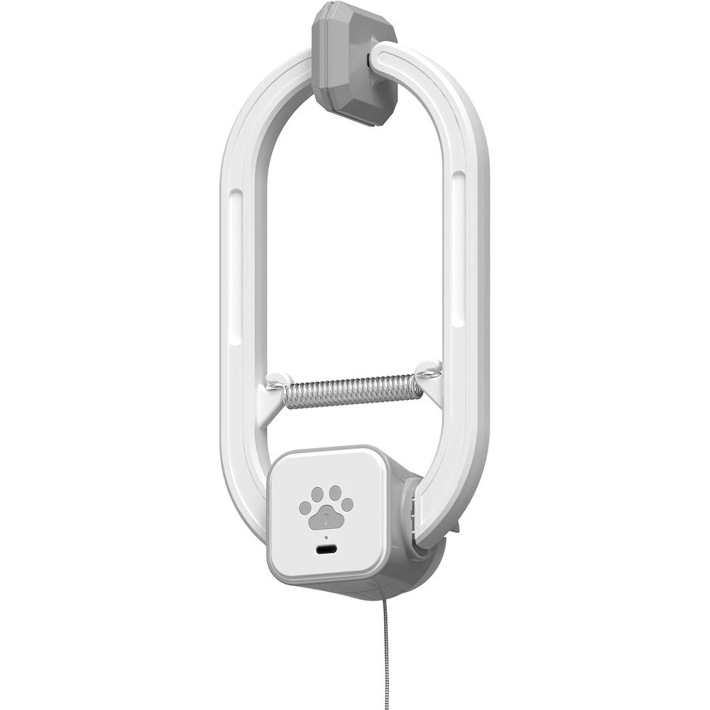 HappyCode interactive rechargeable electric cat teaser front view showing grey door clip toy.