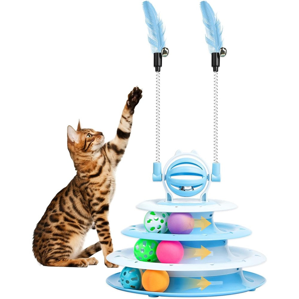Goosheep cat toy interactive pet plaything front view showcasing blue four tier carousel track.