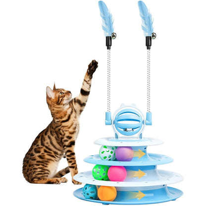Goosheep cat toy interactive pet plaything front view showcasing blue four tier carousel track.