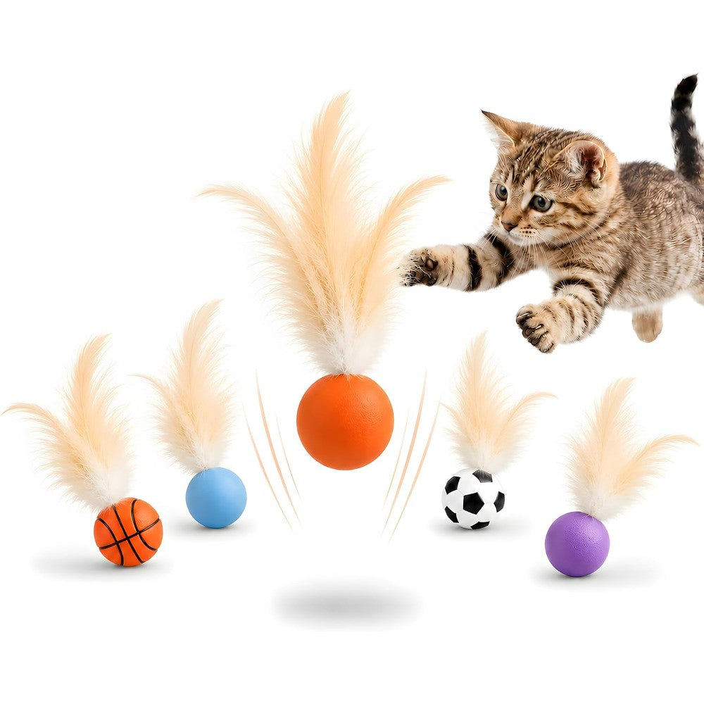 Bouncy Tails Cat Feather Ball Toys front view six pack interactive silicone bouncing balls