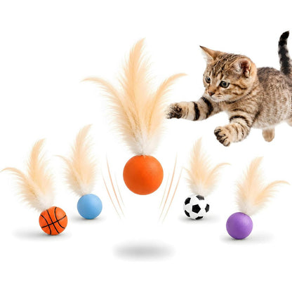 Bouncy Tails Cat Feather Ball Toys front view six pack interactive silicone bouncing balls