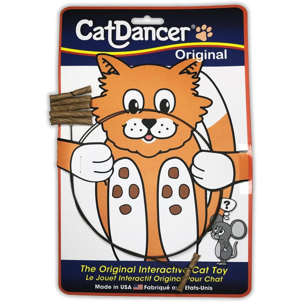 Cat Dancer interactive cat toy front view showcasing the flexible spring steel wire and rolled cardboard lures.