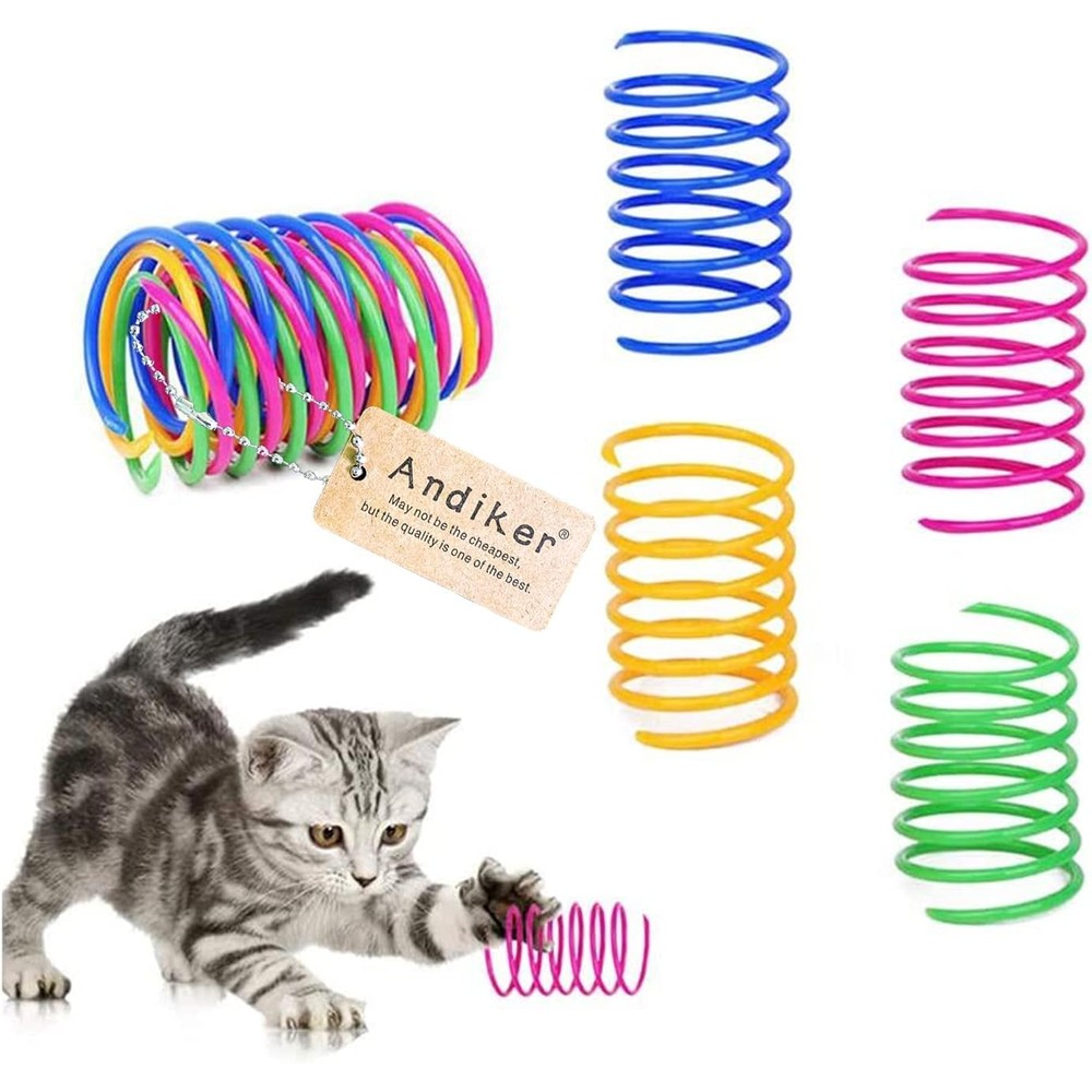 Andiker cat spring toy front view of twelve piece colorful package.