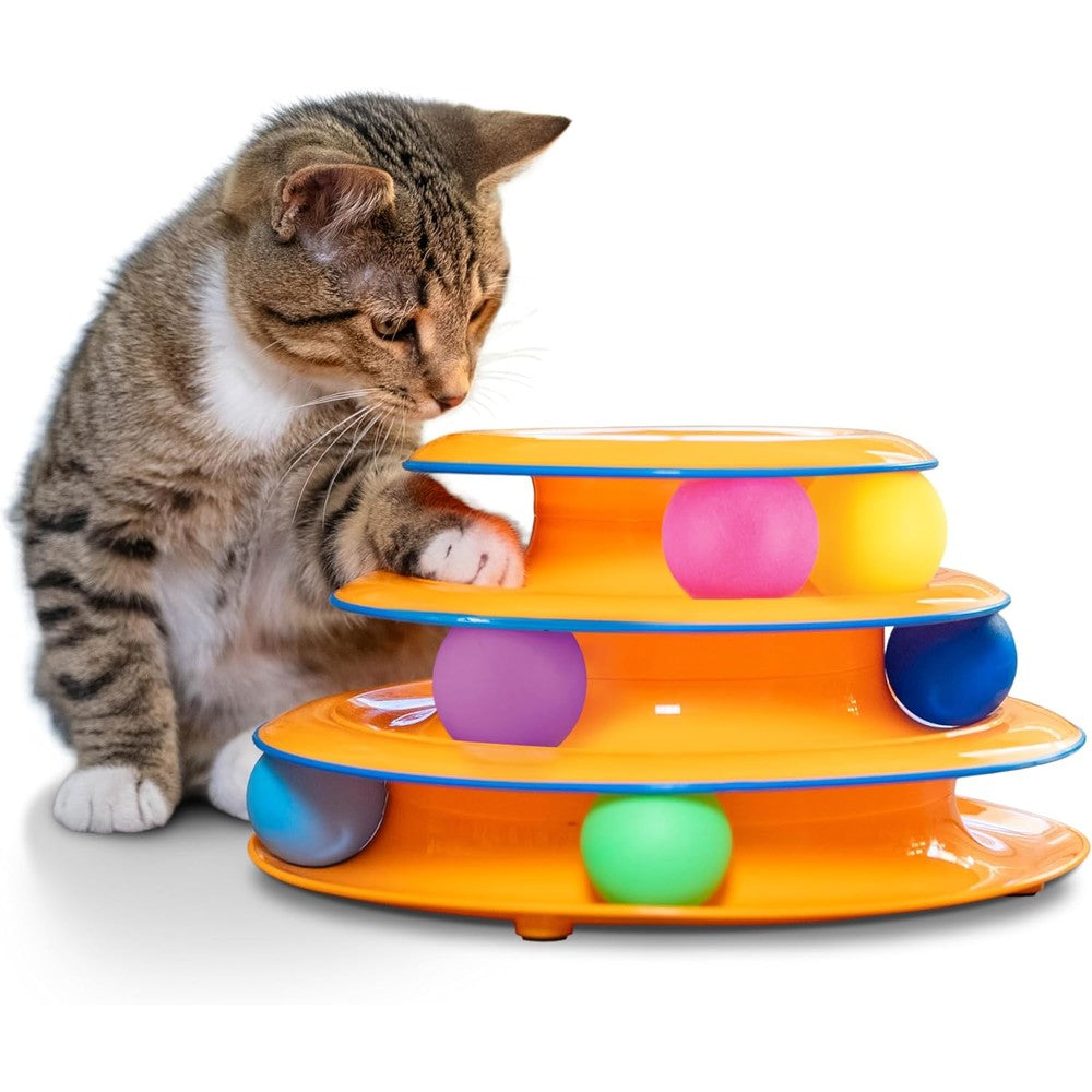 Catstages Tower of Tracks interactive cat toy front view orange 3 level tower