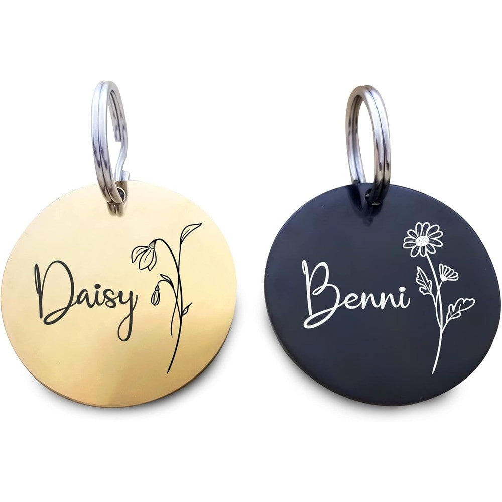 Twenty&Sixty Custom Engraved Birth Flower Pet ID Tag Double Sided Round Stainless Steel Dog And Cat Collar Identification Tag Made In USA