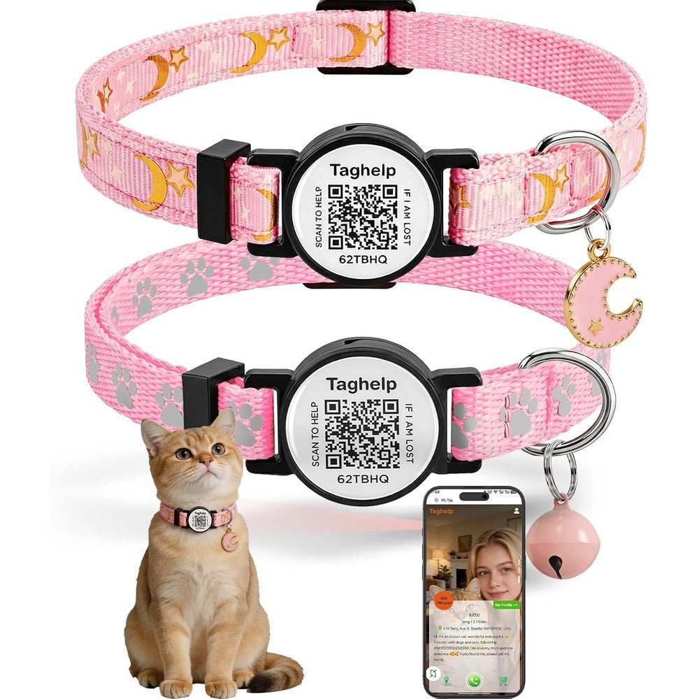 Taghelp Smart Safety Cat Collar 2-Pack Reflective Moon And Star Breakaway Collar With QR Code Pet ID Tag Pink Adjustable 7.5 To 12.5 Inch