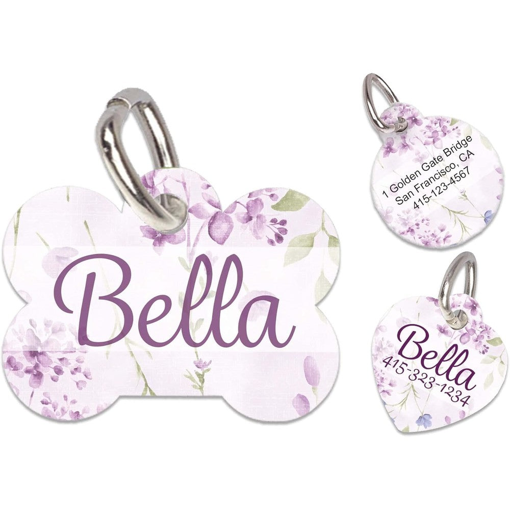 CRAFALA CREATIVE Personalized Pet ID Tag Bella Rose Floral Design Double Sided Custom Print Lightweight Aluminum For Dogs And Cats One Count