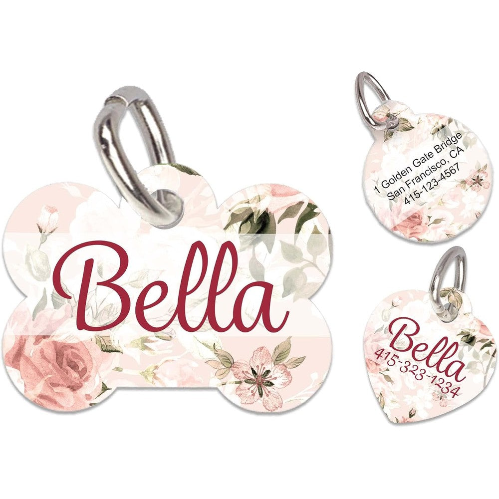 Crafala Creative personalized Bella Rose pet ID tag front view showcasing pink floral design.