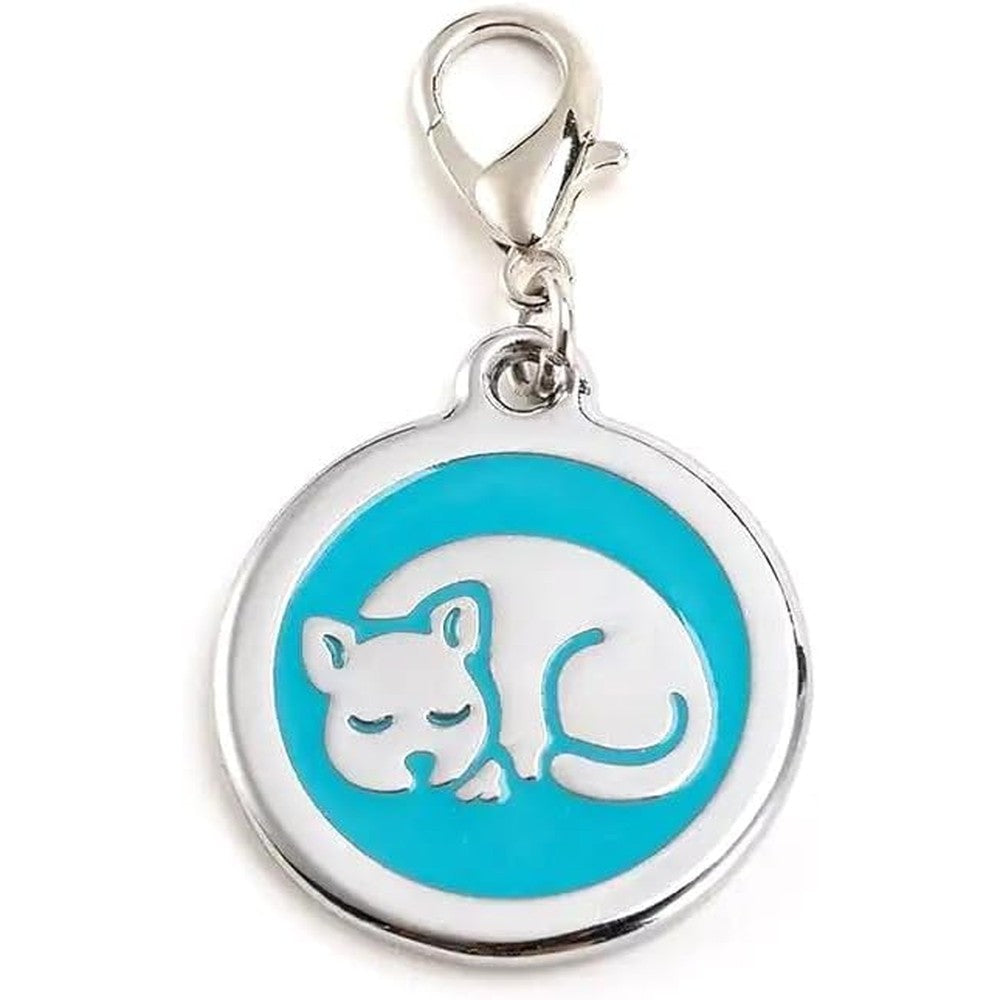 Pugs2Persians Personalized Pet ID Tag for Kittens and Cats Custom Name Collar Tag Blue Sleeping Cat Round Small