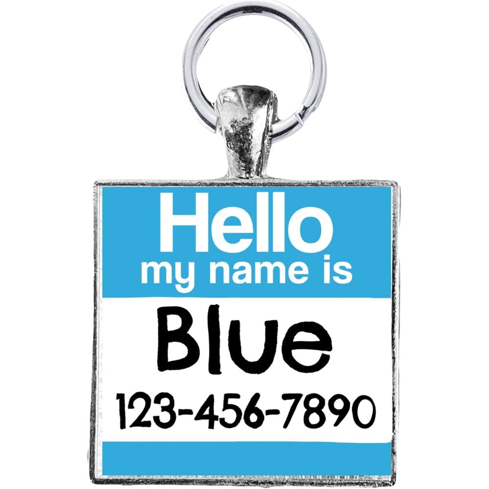 Handmade hello my name is square pet id tag front view