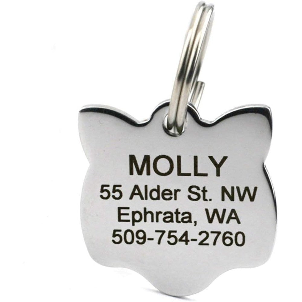 GoTags Personalized Cat Shape Pet ID Tag in Stainless Steel, Custom Engraved Kitty Face Design with Four Lines of Text, One Count