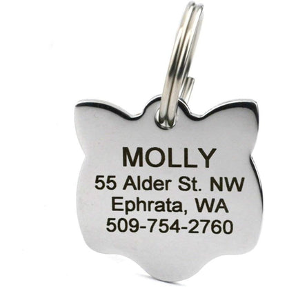 GoTags Personalized Cat Shape Pet ID Tag in Stainless Steel, Custom Engraved Kitty Face Design with Four Lines of Text, One Count