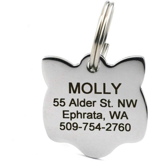GoTags Personalized Cat Shape Pet ID Tag in Stainless Steel, Custom Engraved Kitty Face Design with Four Lines of Text, One Count