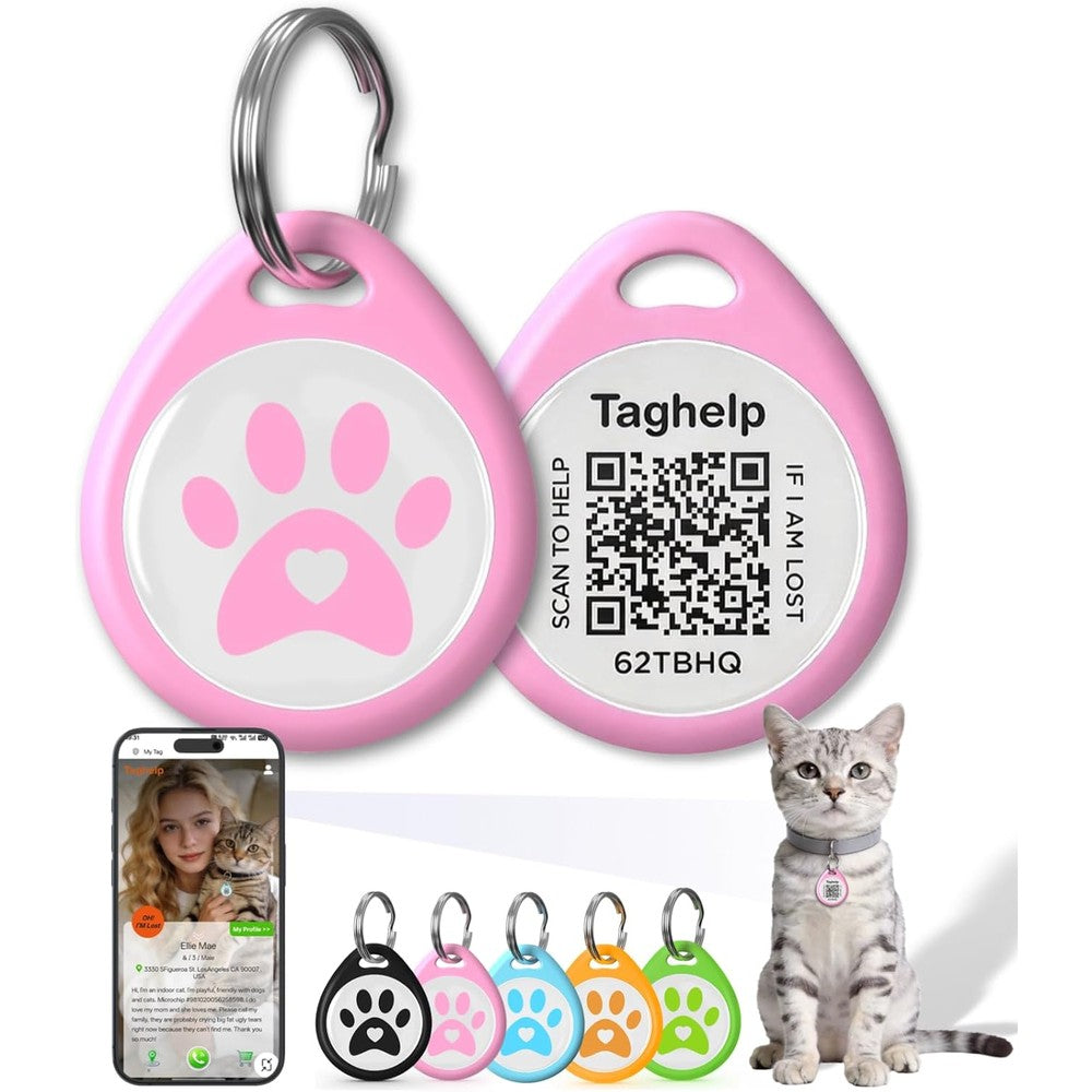 Taghelp Smart QR Code Cat ID Tag With Free Forever Online Profile Silent Anti Lost Pet Safety Collar Tag Pink One Inch