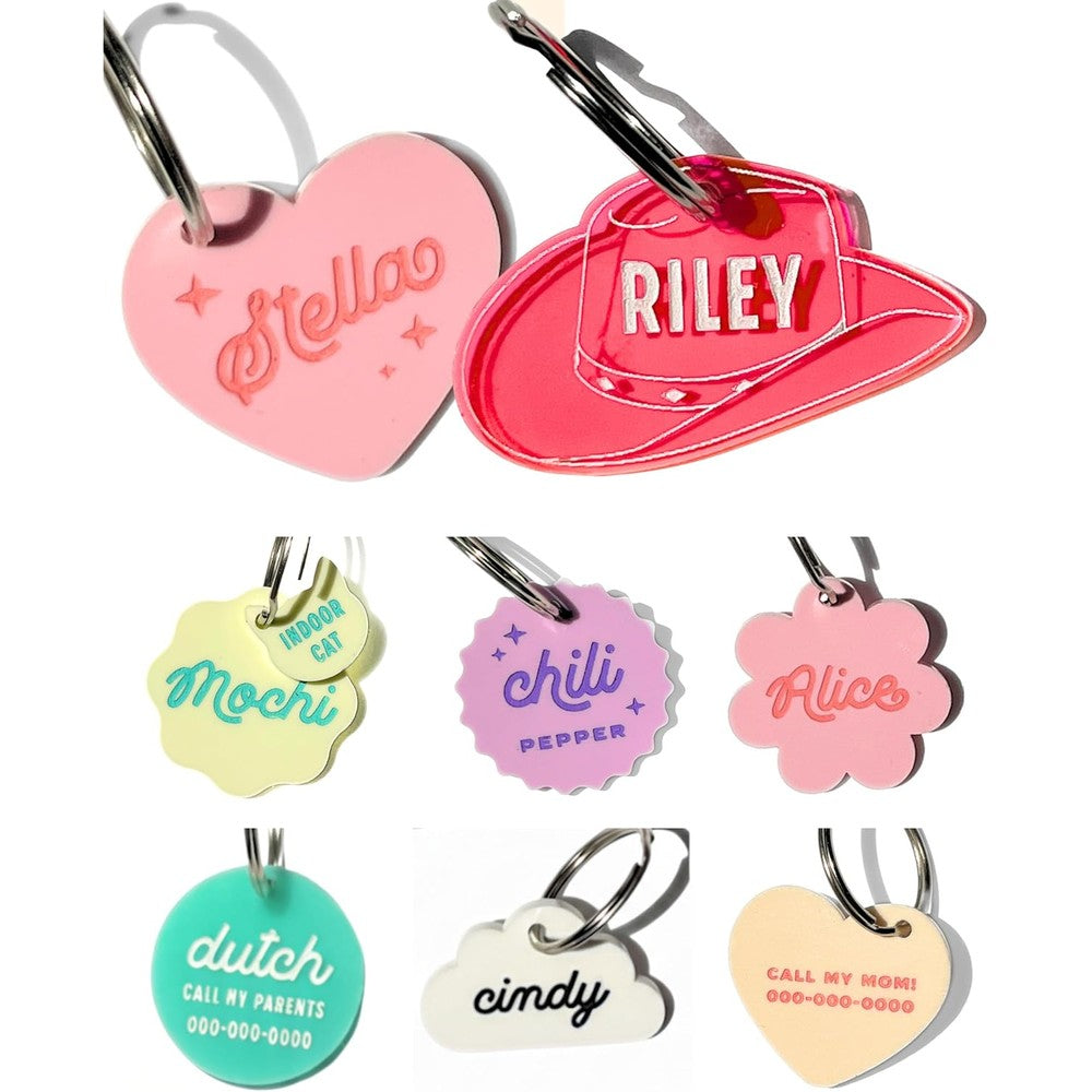 Haven Print Co Personalized Pet ID Name Tag Charm Custom Engraved Acrylic Collar Pendant With Stainless Steel Ring For Dogs Cats Cowboy Hat Pink