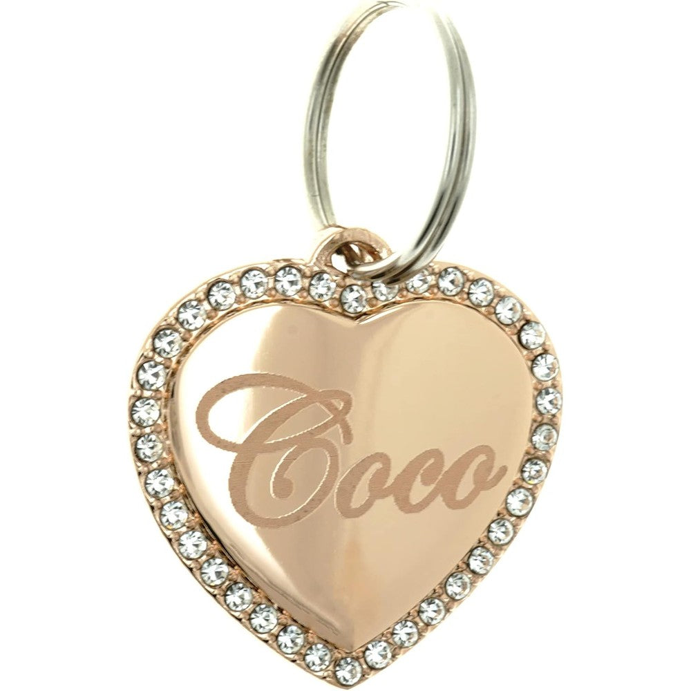 Yippo Accessories Custom Engraved Personalized Rose Gold Plated Medium Heart Rhinestones Pet Jewelry Cat Dog ID Tag For Casual Use