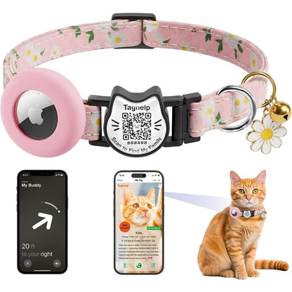 Unbranded Cute Floral Breakaway Cat Collar With QR Code ID Tag Cotton Kitten Safety Collar With Bell And AirTag Holder Pastoral Style Pink Single C...