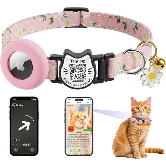 Unbranded Cute Floral Breakaway Cat Collar With QR Code ID Tag Cotton Kitten Safety Collar With Bell And AirTag Holder Pastoral Style Pink Single C...