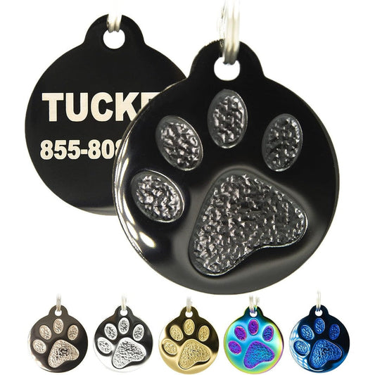 PetANTastic Engraved Cat ID Tags Personalized Solid Plating Stainless Steel Round Paw Print Custom Identifier In Five Colors Pack Of One