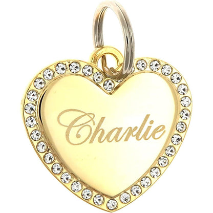 Yippo Accessories Custom Engraved Personalized Gold Plated Medium Heart Rhinestones Pet Jewelry Identification Tag For Casual Use 34 mm
