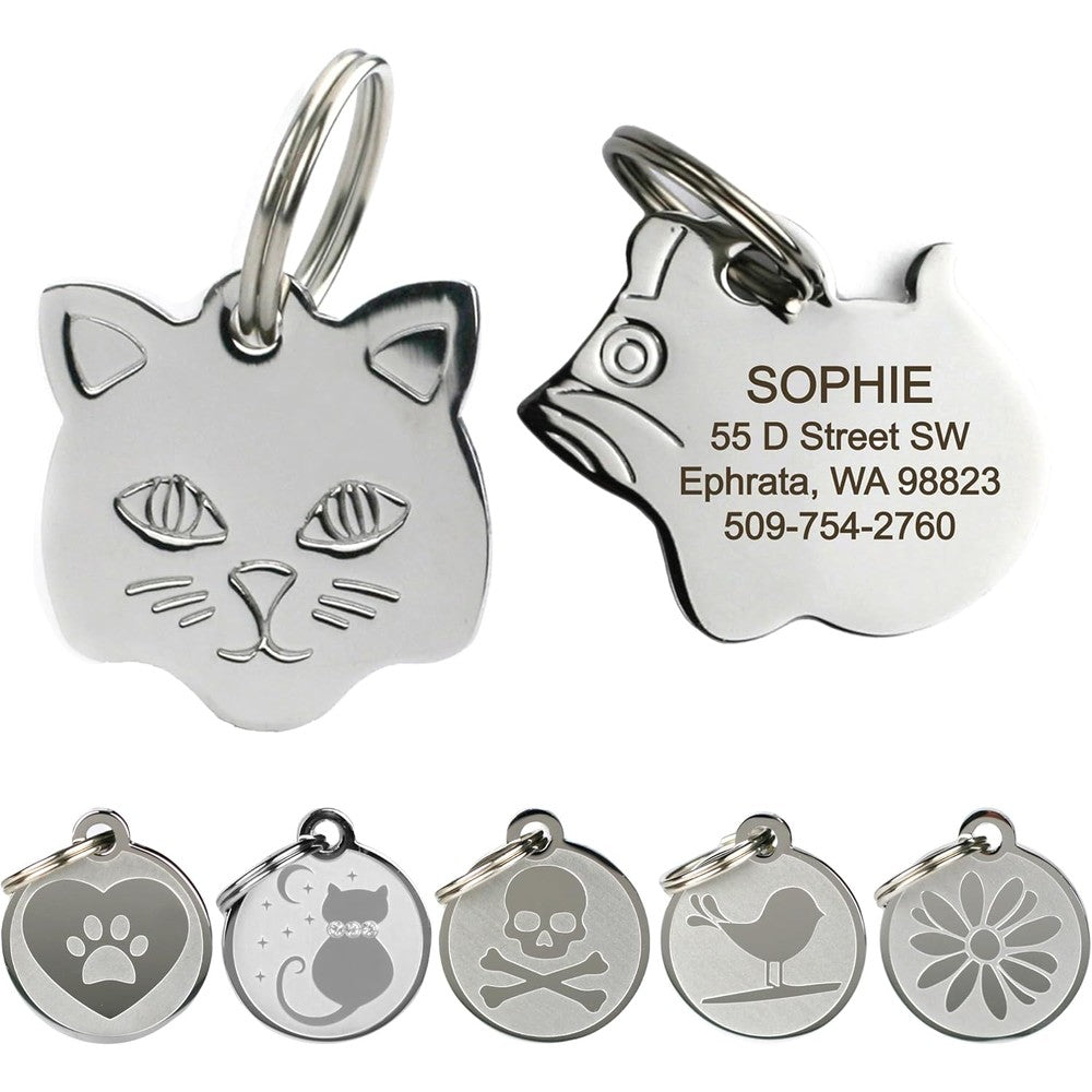 GoTags Stainless Steel Cat ID Tags Personalized Custom Engraved Pet Name Tag In Mouse and Cat Shapes Kitty Face Design