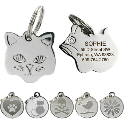 GoTags Stainless Steel Cat ID Tags Personalized Custom Engraved Pet Name Tag In Mouse and Cat Shapes Kitty Face Design