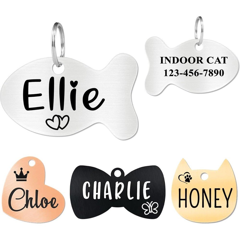 Ultra Joys Personalized Cat ID Tag Durable Stainless Steel Custom Engraved Lightweight Fish Shape Name Tag for Small Pets in Polished Silver