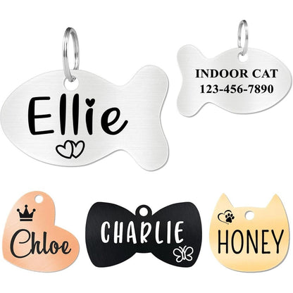 Ultra Joys Personalized Cat ID Tag Durable Stainless Steel Custom Engraved Lightweight Fish Shape Name Tag for Small Pets in Polished Silver