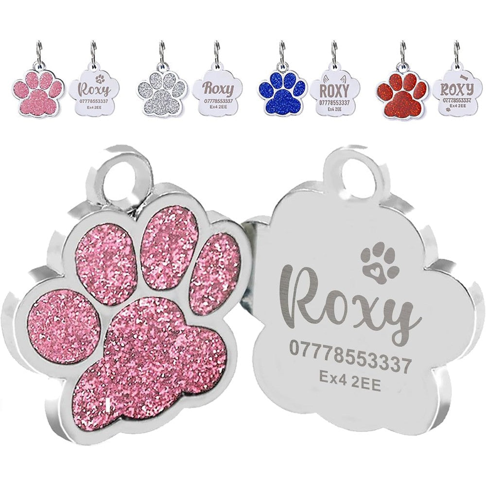 EDSG Personalized Pet ID Tag Custom Engraved Name Plate Glitter Bling Paw Print Identification Charm For Cats And Dogs Pink Design Four