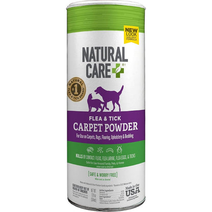 Natural Care Flea and Tick Carpet Powder front view of the canister