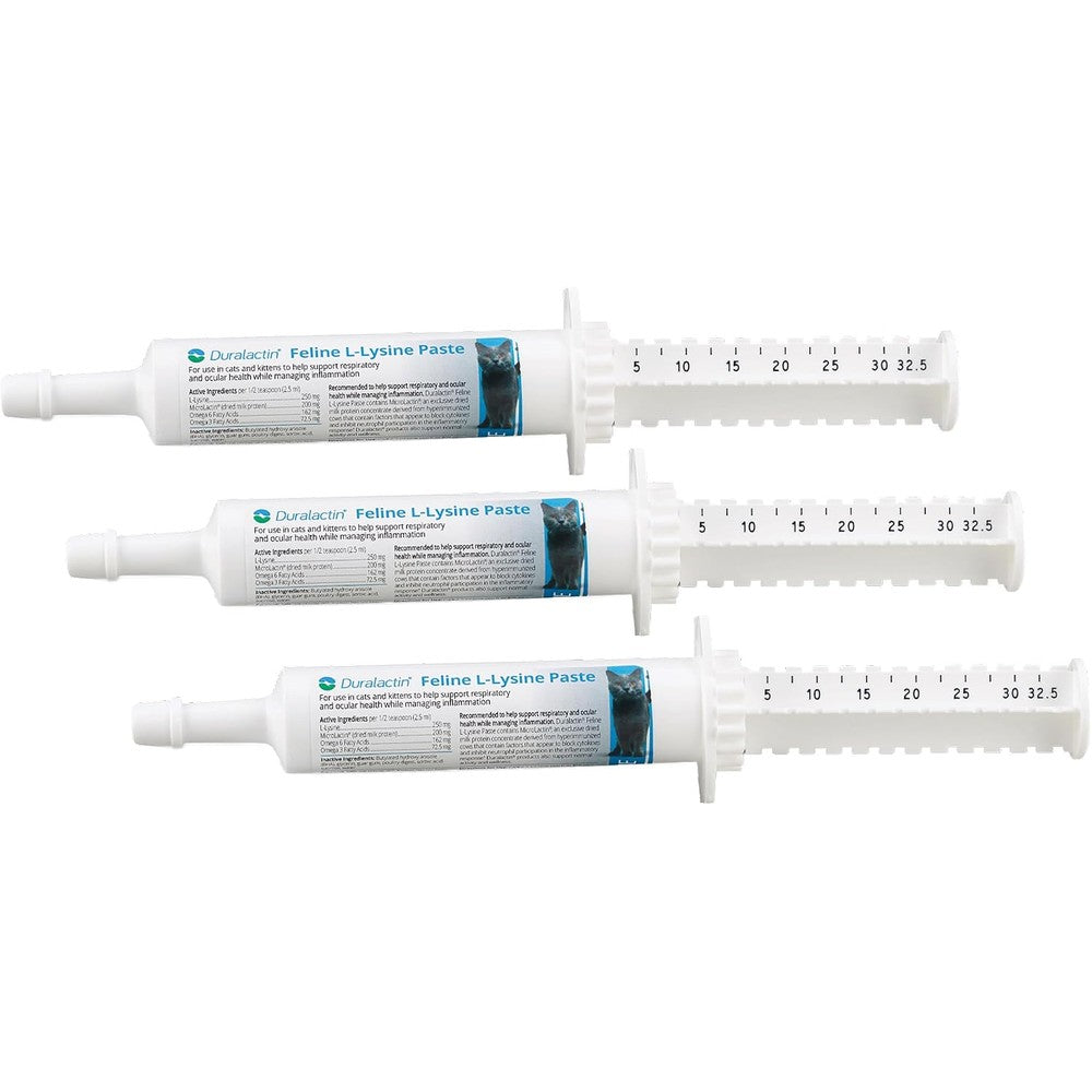 PRN Pharmacal Duralactin Feline L-Lysine Paste three pack front view authentic feline health supplement.