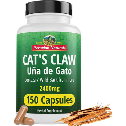 Peruvian Naturals Cat's Claw Herbal Supplement 2400 Milligrams for Immune Support and Joint Health Uncaria Tomentosa Bark 150 Vegan Capsules