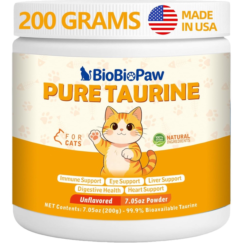 BioBiopaw Pure Taurine for Cats 200 grams jar front view showing feline wellness supplement label