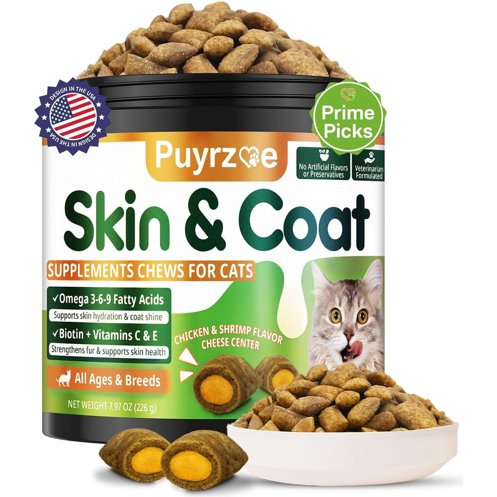 Puyrzoe Cat Skin and Coat Health supplement front view showing 500 count jar