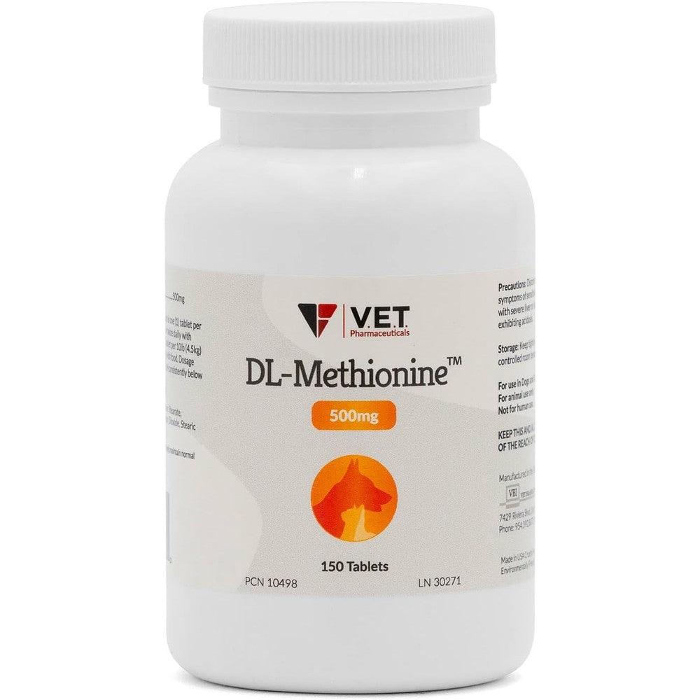 V.E.T. Pharmaceuticals DL Methionine 500mg tablets front view bottle for pet urinary tract health