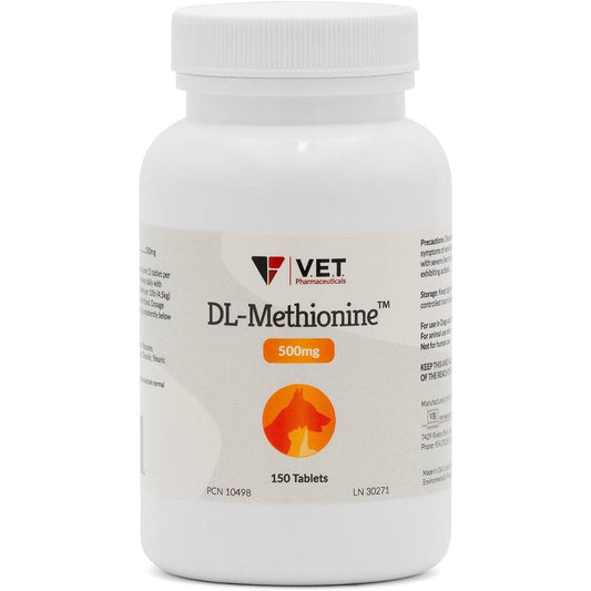 V.E.T. Pharmaceuticals DL Methionine 500mg tablets front view bottle for pet urinary tract health