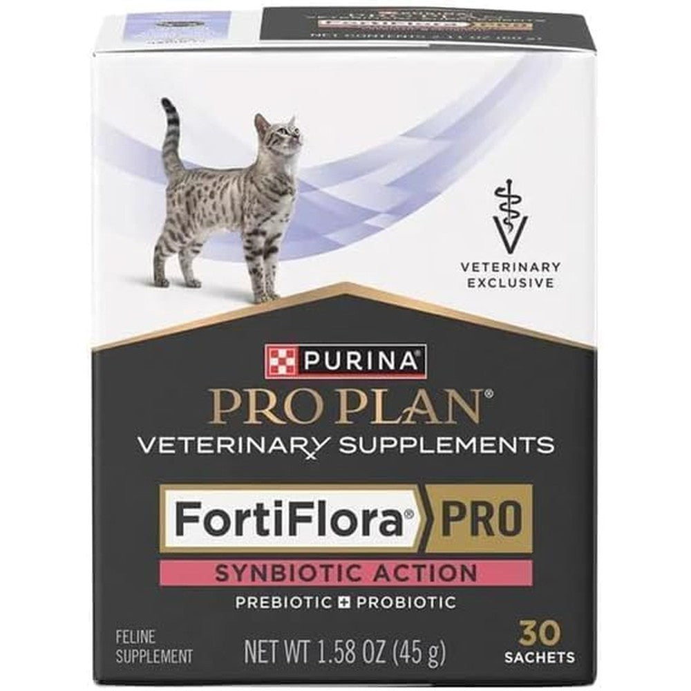 Purina Pro Plan Veterinary Supplements FortiFlora PRO Synbiotic Action Feline box front view showing thirty sachets