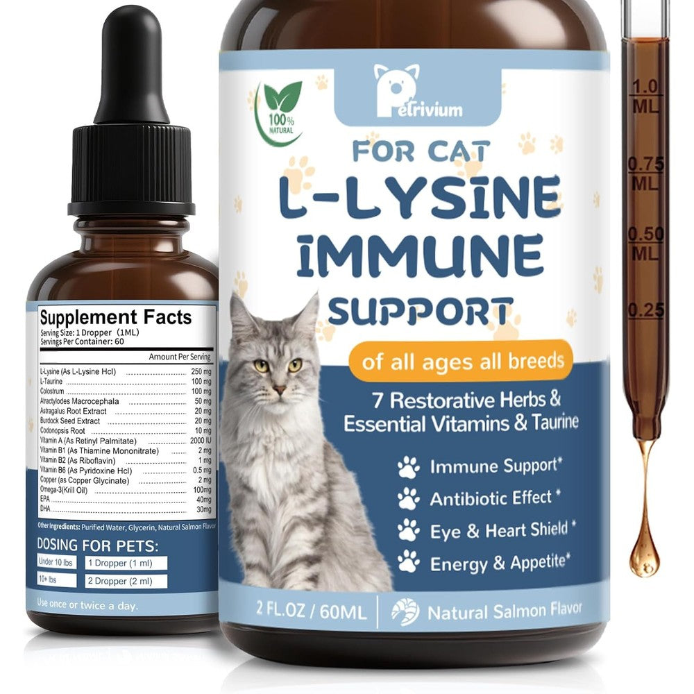 Petrivium L-Lysine cat immune support drops 60ml bottle front view
