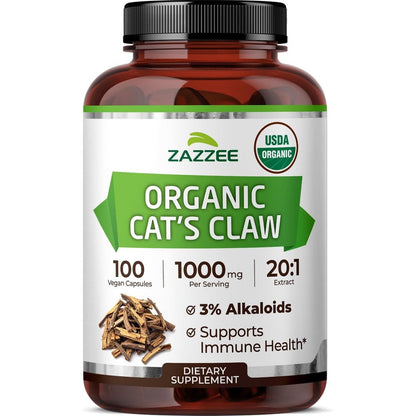 Zazzee Naturals Organic Cat's Claw 100 Vegan Capsules front view showcasing certified USDA organic seal.