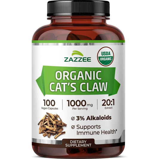 Zazzee Naturals Organic Cat's Claw 100 Vegan Capsules front view showcasing certified USDA organic seal.