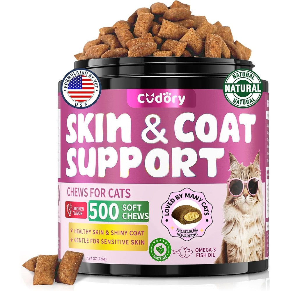 Cudory Omega 3 for Cats front packaging view showing five hundred skin and coat health chews.