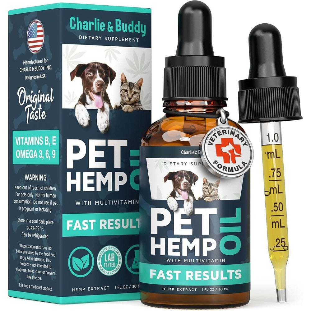 Charlie & Buddy Hemp Oil For Dogs And Cats Calming Supplement With Omega 3 6 9 And Vitamin E For Hip Joint Health And Anxiety Relief 1 Fluid Ounce