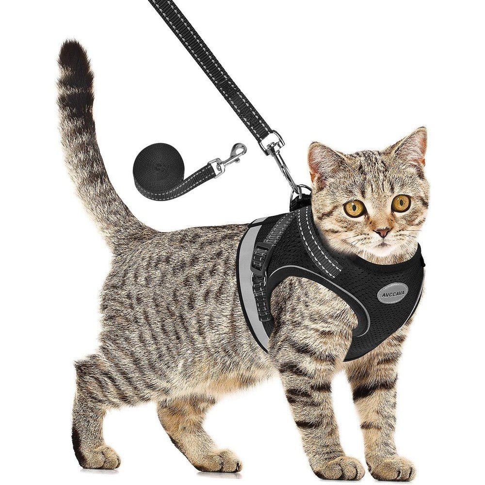 AVCCAVA Escape Proof Cat Harness And Leash Set For Walking Adjustable Reflective Breathable Mesh Kitten Vest Harness Black X-Small