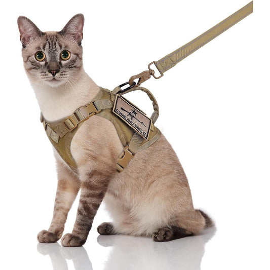 SALFSE Tactical Cat Harness And Leash Set Escape Proof Military Grade Large Cat Walking Vest With Control Handle Khaki