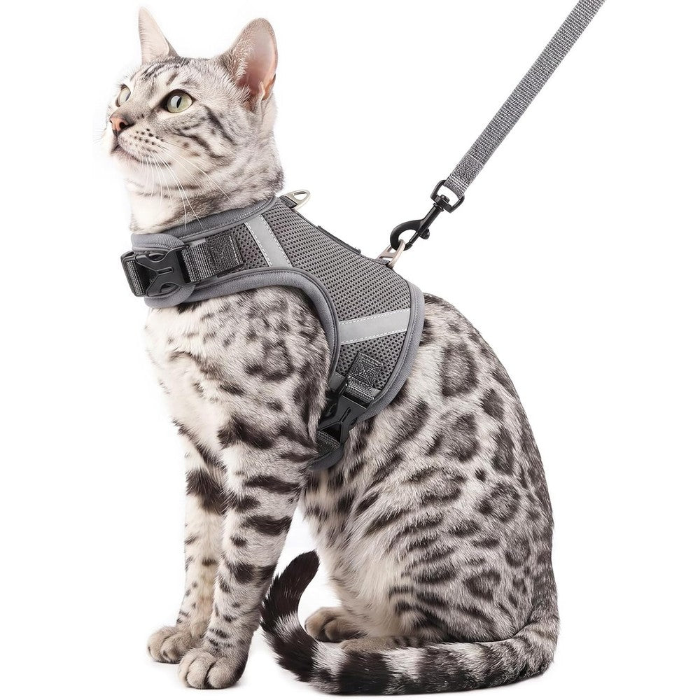 Pangdi Escape Proof Cat Harness and Leash Set Soft Breathable Mesh Tactical Kitten Walking Vest Grey XX-Large