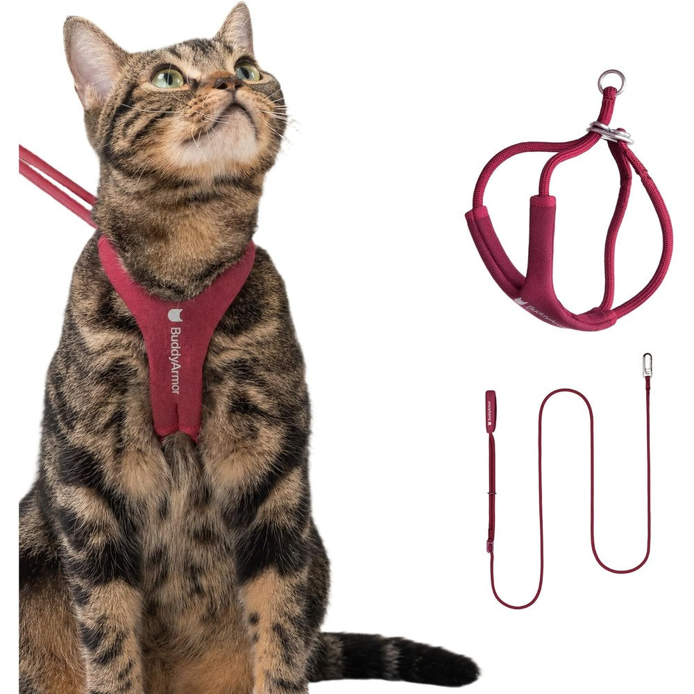 BuddyArmor Escape Proof Y Shape Cat Harness And Hands Free Rope Leash Set Adjustable Anti Choke Padded Vest For Cats Burgundy Medium