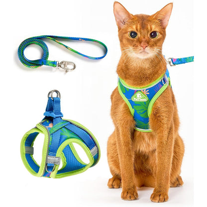 PetThem Upgraded Cat Harness And Leash Set Escape Proof Step In Adjustable Breathable Vest For Walking And Travel Hawaii Green Medium